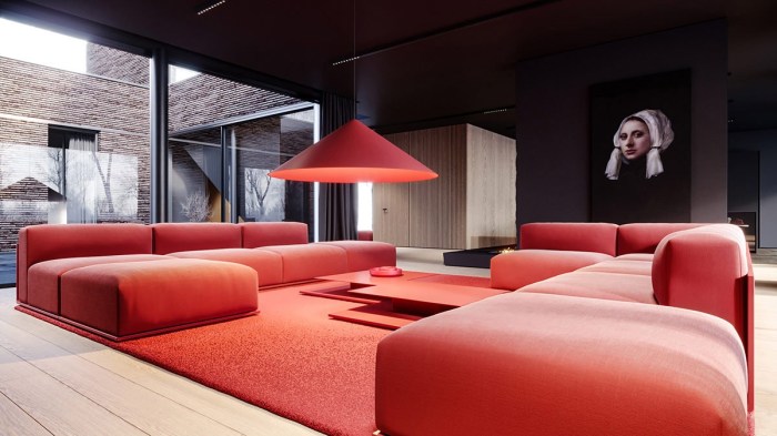 Wohnzimmer mit roter couch gestalten